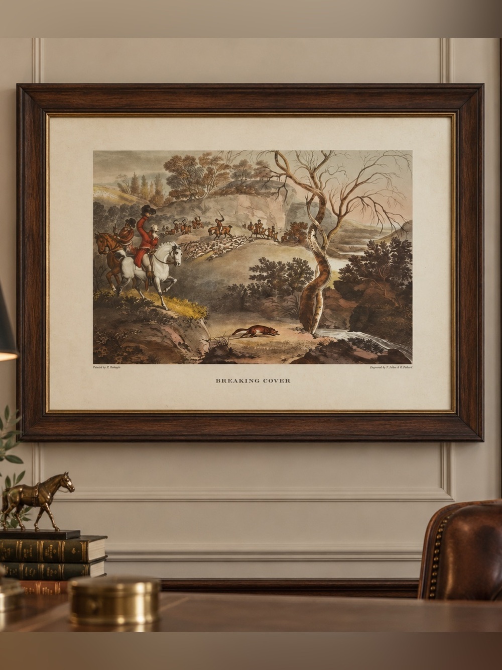 Breaking Cover Lithograph  Hunting Scene Wall Art Print in Beige and Brown